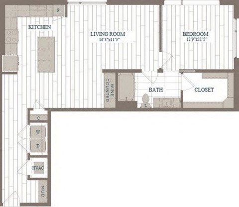 Floor plan for 1 bed, 1 bath, 958 sqft